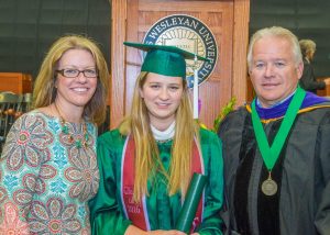 2016-05-01 Commencement. Shirk Center. Jessica Allhands '16. Sally Allhands '84. Illinois Wesleyan photo by Robert Frank III