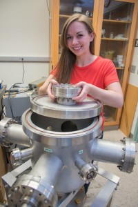 2015-04-17 Physics student Margaret McCarter '15, who won a NSF Graduate Research Fellowship for her research. Center for Natural Sciences. Photo by Marc Featherly