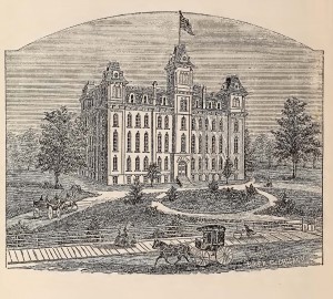 The Main building at IWU, shown in the 1876-77 Catalogue at http://collections.carli.illinois.edu/cdm/ref/collection/iwu_catalog/id/8885