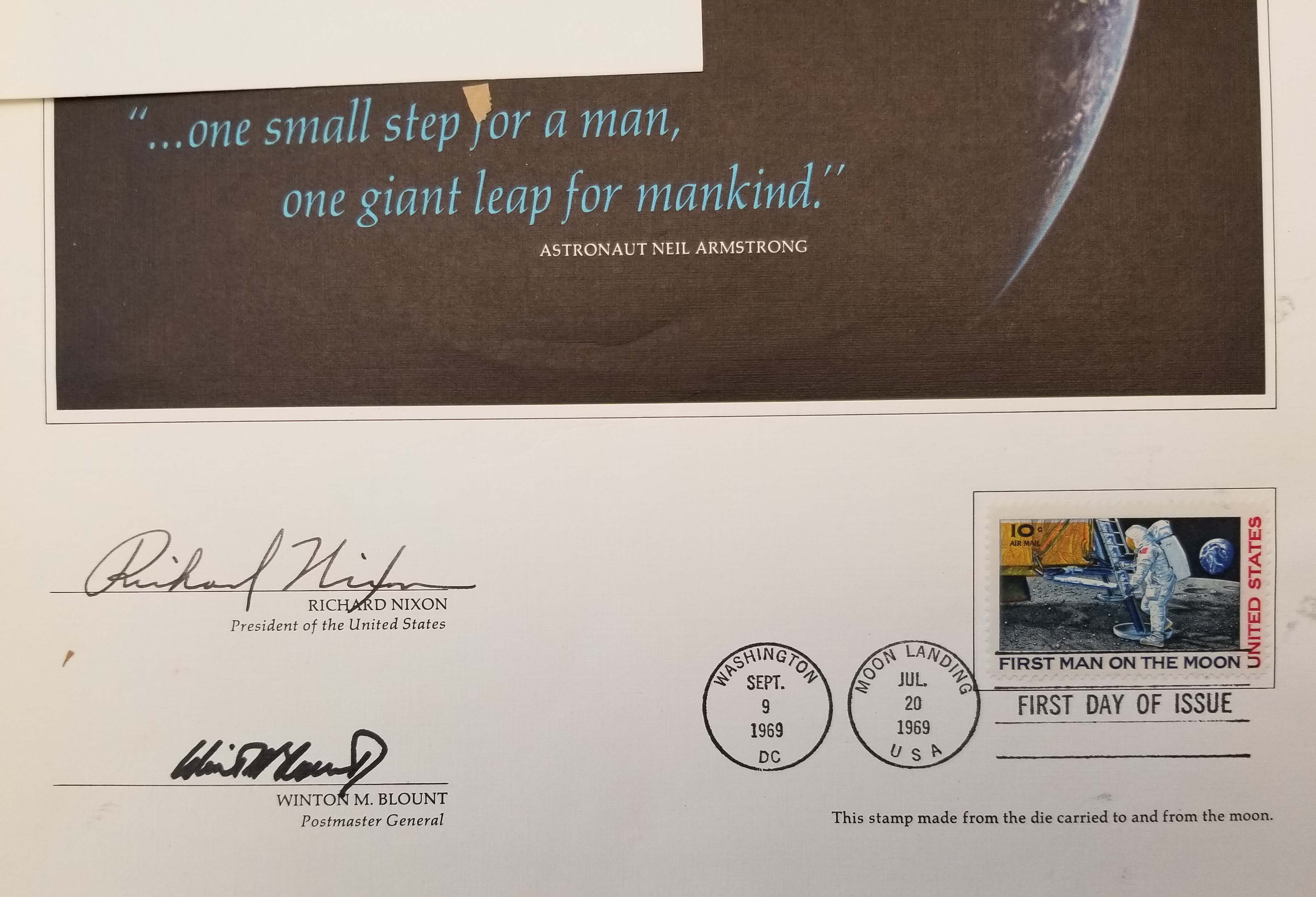 Close-up of canceled first-issue stamps commemorating the Apollo 11 Moon landing