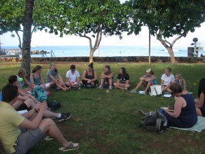 The first part of class; the group is sitting near the site of the healing stone.