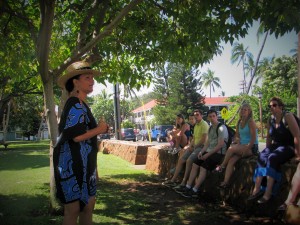 Near the Baldwin Home, Maile described the end of the kapu system in Hawaii, which coincided with the arrival of the first missionaries.