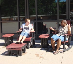 A sunny day on the Library terrace.